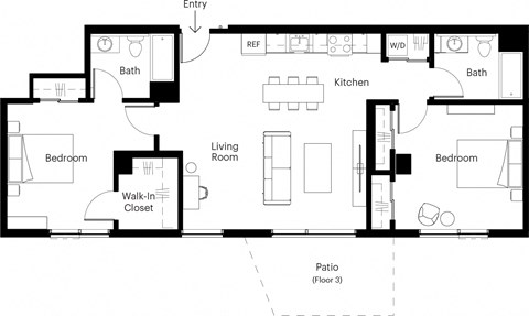 Floor plan for 2 beds, 2 baths, 1012 sqft